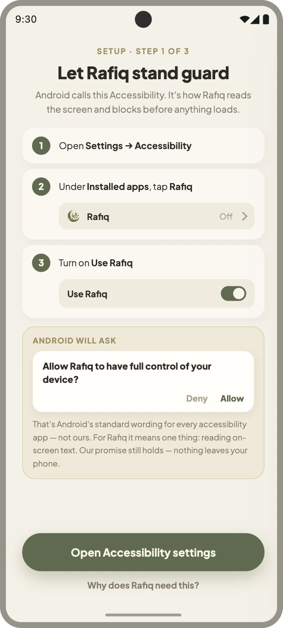 Rafiq guiding the user through granting the Android Accessibility permission.