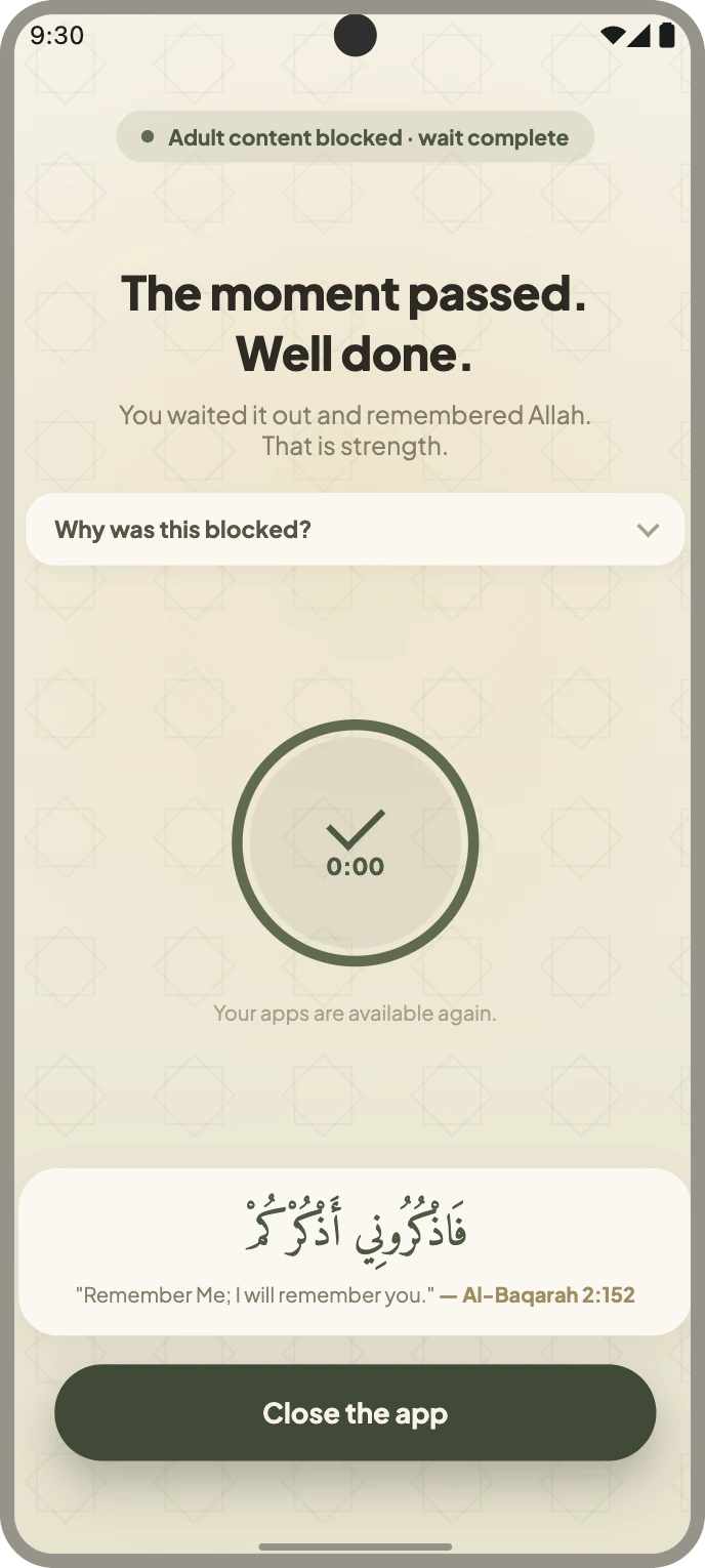 The same block screen once the timer has finished, with the close button now unlocked.