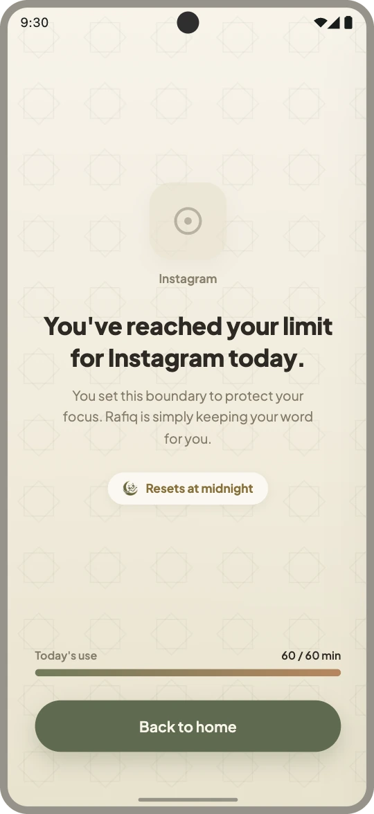 Rafiq closing Instagram for the day once its sixty minute allowance is spent, with the counter resetting at midnight.