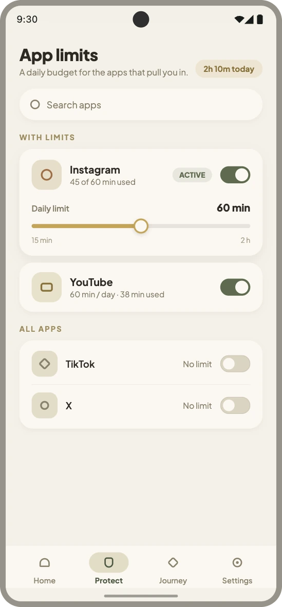 Rafiq's app limits screen with a 60 minute daily budget set on Instagram.